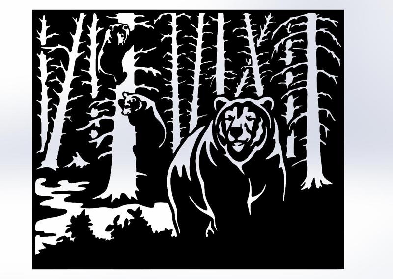 Mother Bear and Cubs in Forest Line Art – Perfect for 3D Printing
