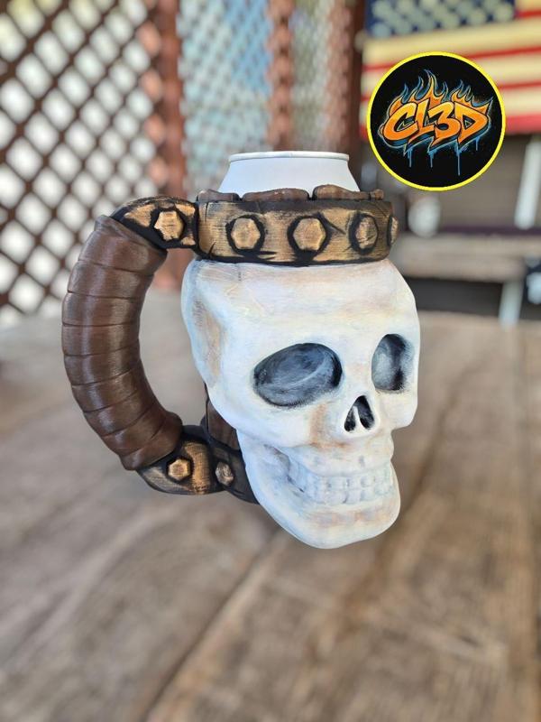 Skull Stein with Leather Handle Can Koozie