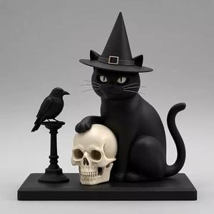 2343  Witch Cat with Skull  Raven  Candlestick