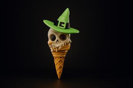 Halloween Skull Ice Cream Cone with Witch Hat – Spooky Cute Decor, Gothic Gift, Creepy Kitchen Art