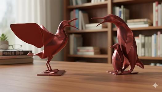 Dynamic Bird & Penguin Figure Set | Metallic Red Artistic Sculpture 3D Model