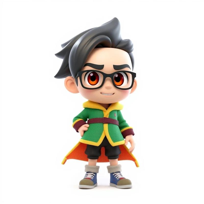 3D-rendered character, anime-inspired, young boy with stylish black hair, bright orange eyes, wearing black glasses, green coat with yellow trim