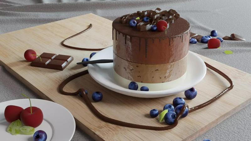 Chocolate Cake on Wooden Cutting Board – Dessert 3D Model