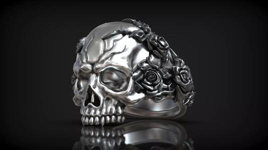 Unique Design Realistic Skull Head with Roses and Thorn Ring
