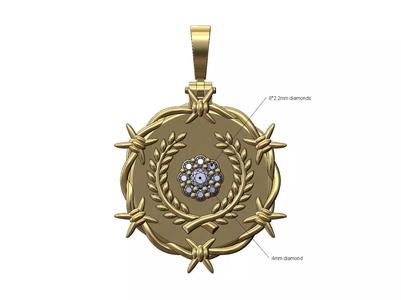 Diamond cluster bay leaves crown barbwire thornes pendant