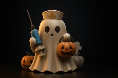 Cute Ghost Nurse with Pumpkin & Syringe – Halloween Decor, Spooky Ghost Figurine, Trick or Treat Decoration