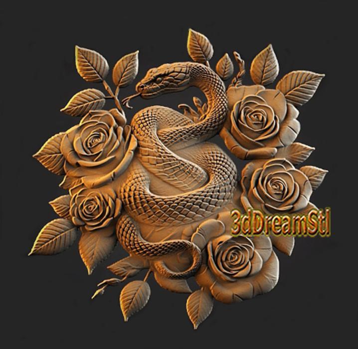 Snake and Rose STL model, CNC router engraver, artcam, Aspire, cnc files, wood, art, wall decor, CNC