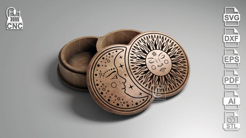 Sun and Moon V-Carved Jewelry Box - Files for CNC (svg, dxf, eps, ai, pdf, stl)