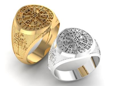 gents ring with icelandic compass viking runes symbol.