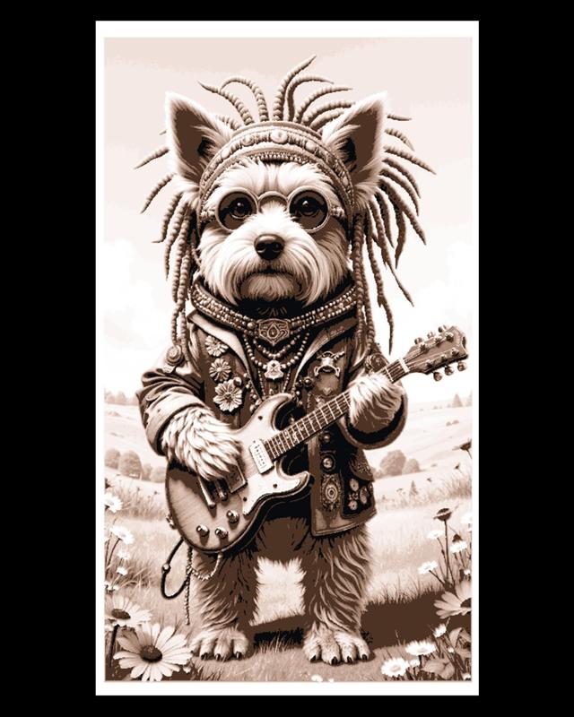 Rocking the Woodstock look  - Doggie Dress up with Guitar and all - Wall Art
