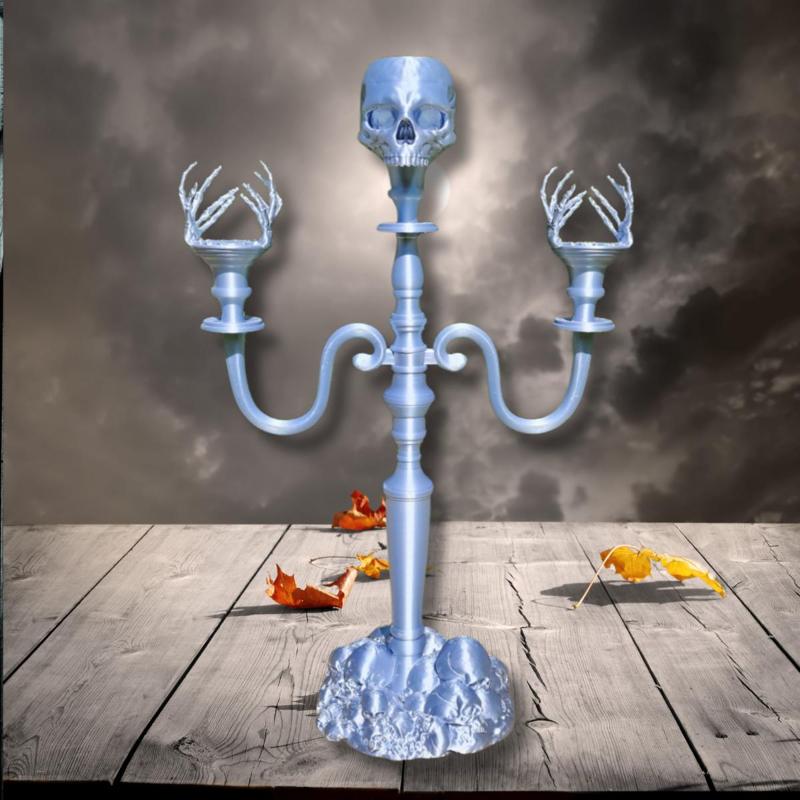 Gothic Skull & Skeleton Hands Candelabra | 20" Tall Halloween Candle Holder | Spooky Home Decor | Ha