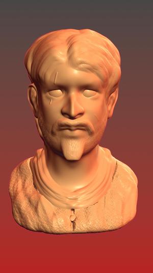 Bust of battleworn man